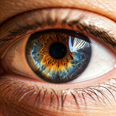 close up of human colorful eye with multicolor iris. multicolor person colorful eye.