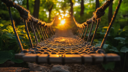 A wooden bridge with a rope bridge over it. The sun is shining brightly on the bridge, casting a warm glow on the ropes and the bridge itself. The bridge is surrounded by lush greenery