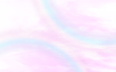 Pink sky with white clouds. Copy space minimal concept with rainbow effect. Vector art pink sky