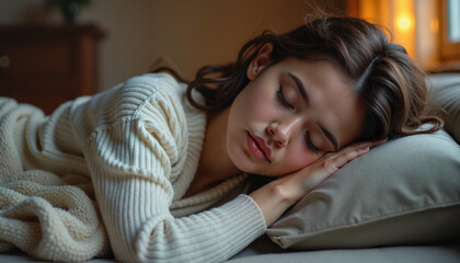 Obraz premium Woman Sleeping Peacefully on Bed Covered in Grey Blanket