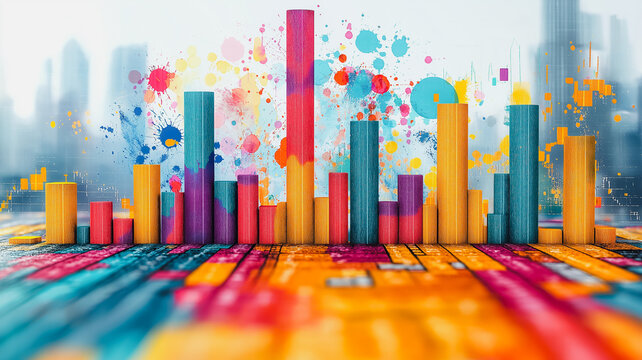 A colorful cityscape with tall buildings and colorful bars. The bars are of different colors and sizes, and they are arranged in a way that creates a sense of depth and perspective