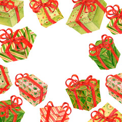 Background with isolated different flying and falling gift boxes in festive wrapping paper with red ribbons and bows. Holiday frame with empty place for text in the center for postcards or covers