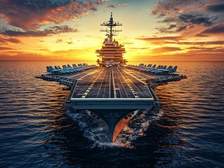 Fototapeta premium Majestic Aircraft Carrier at Sunset Over Ocean Waters
