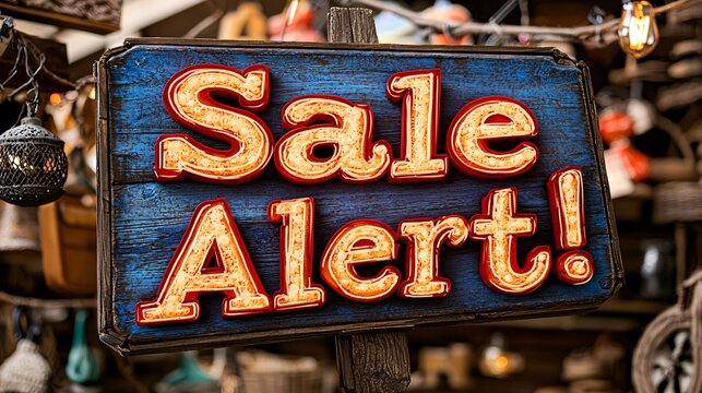 Bright Neon Sale Alert Sign in Rustic Market Setting