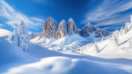 Obraz premium Scenic snow mountains in winter, with jagged peaks covered in fresh snow. The crisp air and serene atmosphere create a perfect winter wonderland under the bright blue sky
