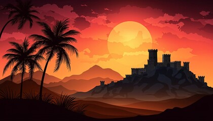 Desert Castle at Sunset with Palm Trees