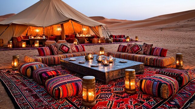 Cozy Desert Tent Setup with Colorful Rugs at Dusk