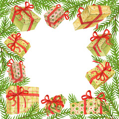 Celebration background frame template with gift boxes decorated by red ribbons on coniferous branches background. Watercolor composition for cards, posters and covers with empty space for text