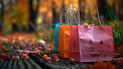 Three paper bags with pumpkin faces filled with candies are placed on a wooden walkway outdoors with scattered candies

