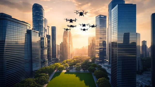 Futuristic cityscape with drones flying over green park at sunset. Urban technology concept