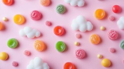 Fototapeta premium Assortment of colorful candies on white background pink clouds 