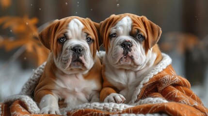 Obraz premium Two English bulldog puppies snuggle together under an orange blanket during autumn with blurred background