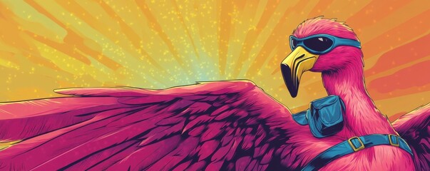 A vibrant, cartoon-style flamingo wearing sunglasses and a harness, soaring against a colorful background of yellow rays.