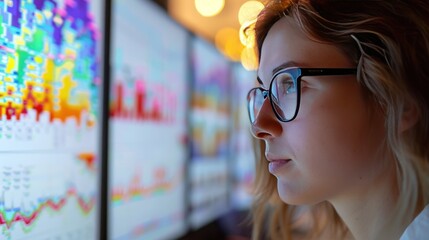 A close-up of a researcher using statistical software to analyze large datasets on social trends and demographics, with data visualizations displayed on the screen.