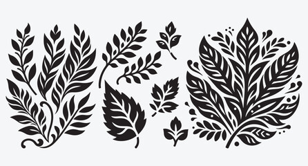 Tropical Leaves Silhouette Bundle Clip Art Vector Illustration Isolated on White Background 
