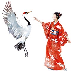 Obraz premium Watercolor illustration of a woman in a red kimono reaching out to a crane in flight.