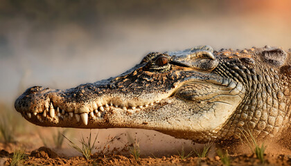 Fototapeta premium A close-up of a crocodile’s snout breaking through turf, dirt clinging to its rough skin.
