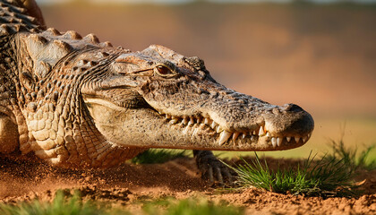 Obraz premium A close-up of a crocodile’s snout breaking through turf, dirt clinging to its rough skin.