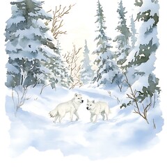 Watercolor Painting of Two White Wolves in a Snowy Forest.