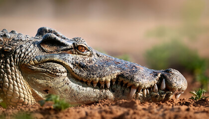 A close-up of a crocodile’s snout breaking through turf, dirt clinging to its rough skin.