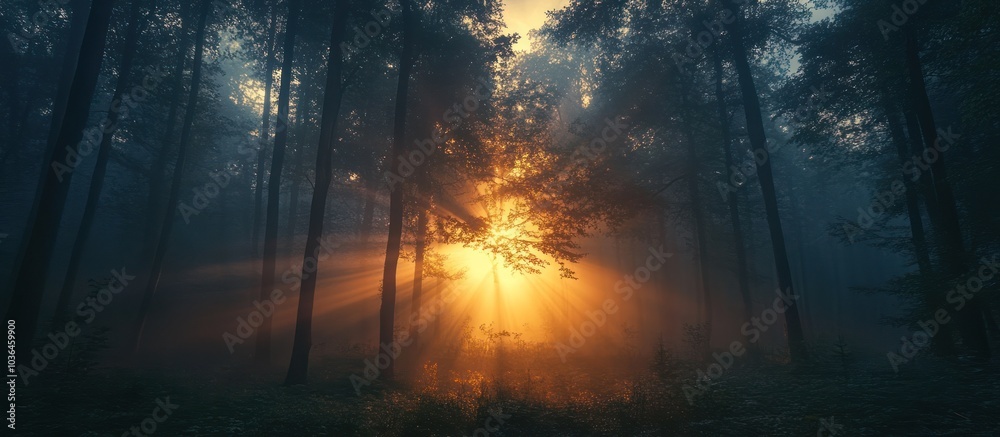 Sticker Sunbeams piercing through the misty trees in a dense forest.