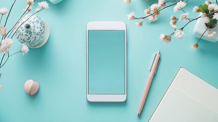 Flatlay Minimalist Phone Mockup: A serene and stylish flatlay mockup featuring a white smartphone with a blank screen, a pink pen, a closed notebook.