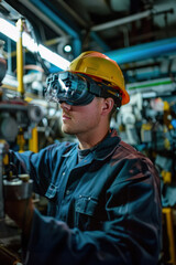Fototapeta premium Augmented Reality for Maintenance: Technician using AR glasses to receive guidance and information for equipment repair and maintenance