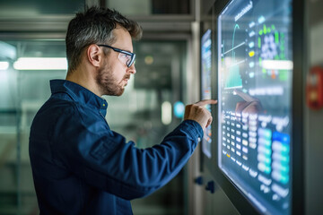 Facility manager monitoring smart building controls on touchscreen, optimizing HVAC and lighting, energy usage graph visible