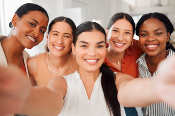 Happy women, portrait and business with selfie for photography, picture or memory together at office. Young, female people or employees with smile for team building, moment or capture at workplace