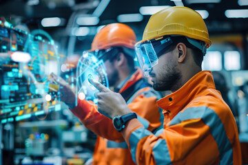 Technician fitting wearable tech on factory worker, adjusting settings, safety equipment visible in background.