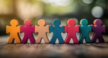 A group of colorful wooden puzzle pieces forming the outline of human figures, representing diverse backgrounds and structures in an office team or community. 