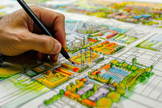 Urban planners sketching eco-friendly city layouts, solar panels, and green roofs, vibrant concept boards displayed