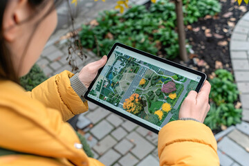 Designer using digital tool to create green spaces, rooftop gardens, and bike lanes on tablet screens