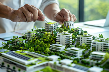 Fototapeta premium Architect presenting a 3D model of a sustainable city, green roofs and solar panels highlighted