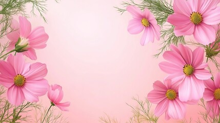 Fototapeta premium Elegant greenery decorative frame with pink cosmos flowers, decorative border, corner for greeting card, banner, business card, invitation, menu. pink background space for text 