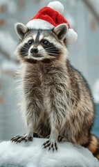 Fototapeta premium A raccoon wearing a Santa hat looks up with a curious expression. AI.