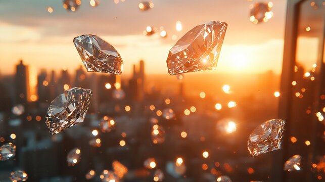 Illustration of diamonds falling from the sky like rain and the rays of the sun in the evening.
