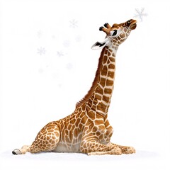 Fototapeta premium Baby Giraffe Enjoys Winter Snowflakes