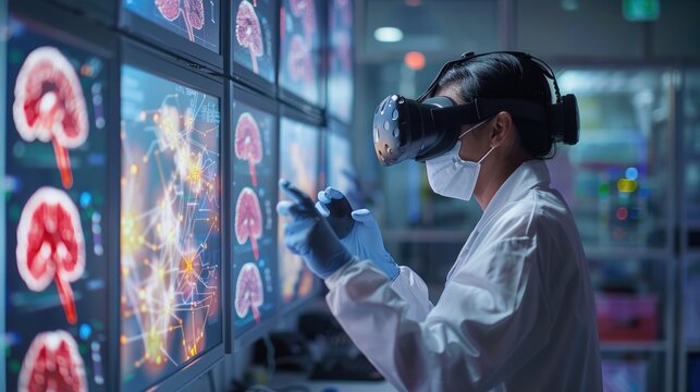 A researcher using virtual reality (VR) technology to simulate complex computing systems, with a VR headset and hand controllers in a futuristic lab setting. - Powered by Adobe