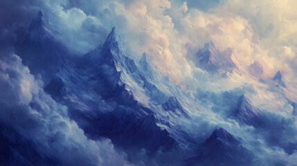 Clouds and Mountains peaks enveloped in swirling clouds