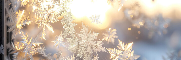 Close-up of frosted window with intricate ice crystals, warm indoor light in the background