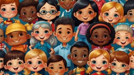 cartoon character of friendship between children of different nationalities and skin colors