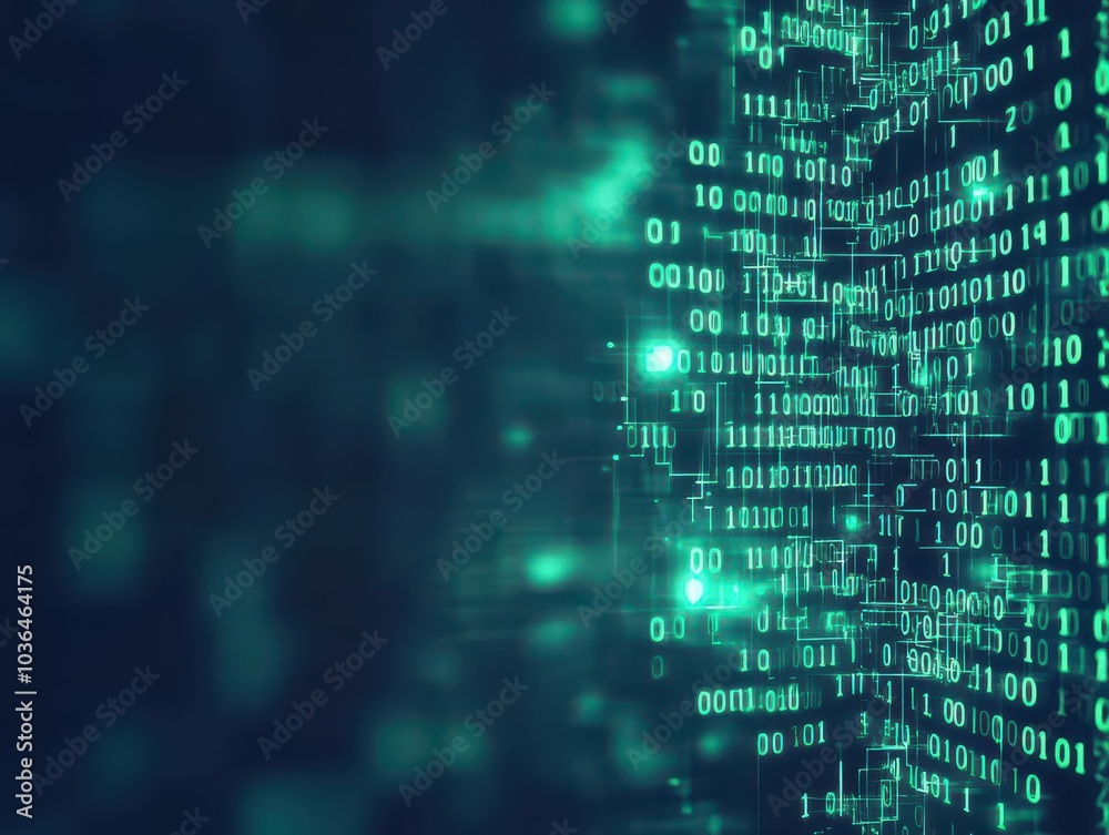 Poster 3D digital matrix of green binary numbers, top view, symbolizing the vastness of cyberspace, cybernetic tone, Analogous Color Scheme