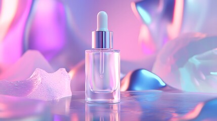 Glass Dropper Bottle on a Holographic Background