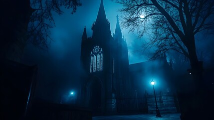 Obraz premium Supernatural Ghost Tour Through Haunted Gothic Cathedral at Twilight
