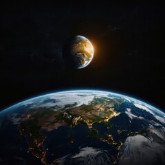 Obraz premium Earth, Civilization, Light, Glow, Radiation, Planet, Space, Universe, Continents, Land, Water, Seas, Cities