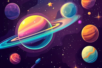A colorful illustration of planets in space, showcasing a vibrant cosmic scene.
