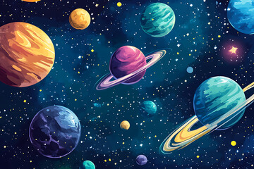 A vibrant illustration of planets in space, showcasing colorful celestial bodies and stars.