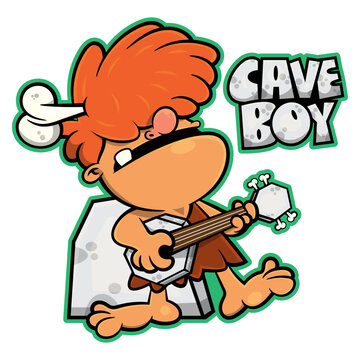 Little Caveman cartoon characters singing and playing guitar with speakers was made from stones, woods, and bones. Best for sticker, logo, and mascot with musical themes for kid