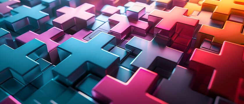 Vibrant 3d abstract background with colorful glass plus signs creating a modern and dynamic visual experience